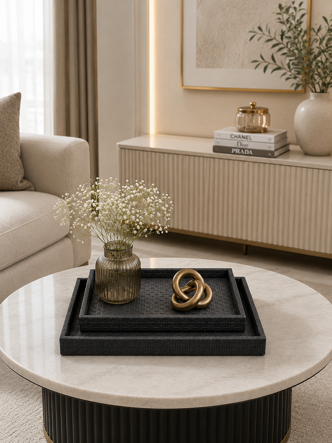 Luxury Black Leather Serving Tray Set | Decorative Nesting Coffee Table Trays | Ottoman & Vanity Organizer (Set of 2)