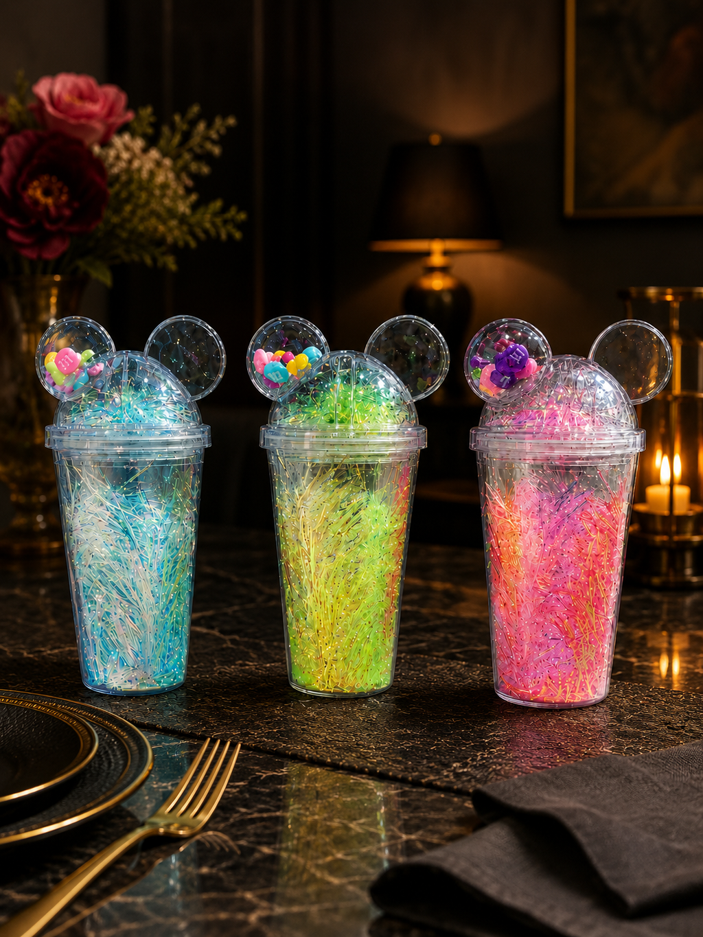 Mickey Ears Dome Lid Double-Walled Sipper – Colorful Tinsel Glitter Kids Tumbler