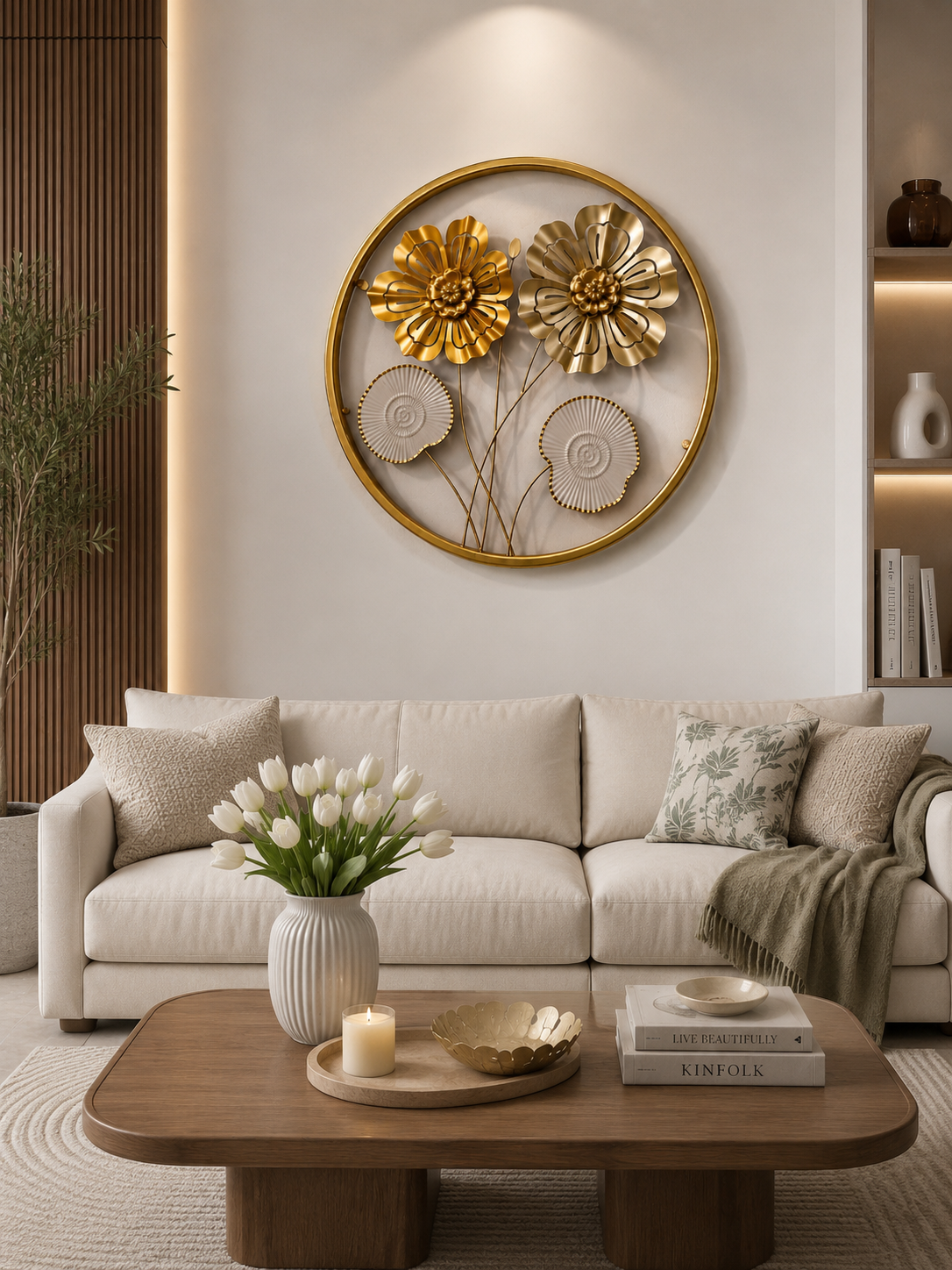 Luxury Golden Floral Round Wall Art – Elegant 3D Metal Flower Wall Decor
