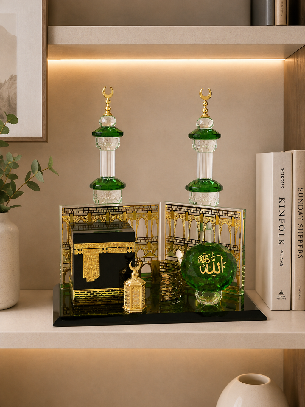 Luxury 3D Kaaba & Masjid Al-Haram Islamic Decorative Showpiece – Premium Green & Gold Décor