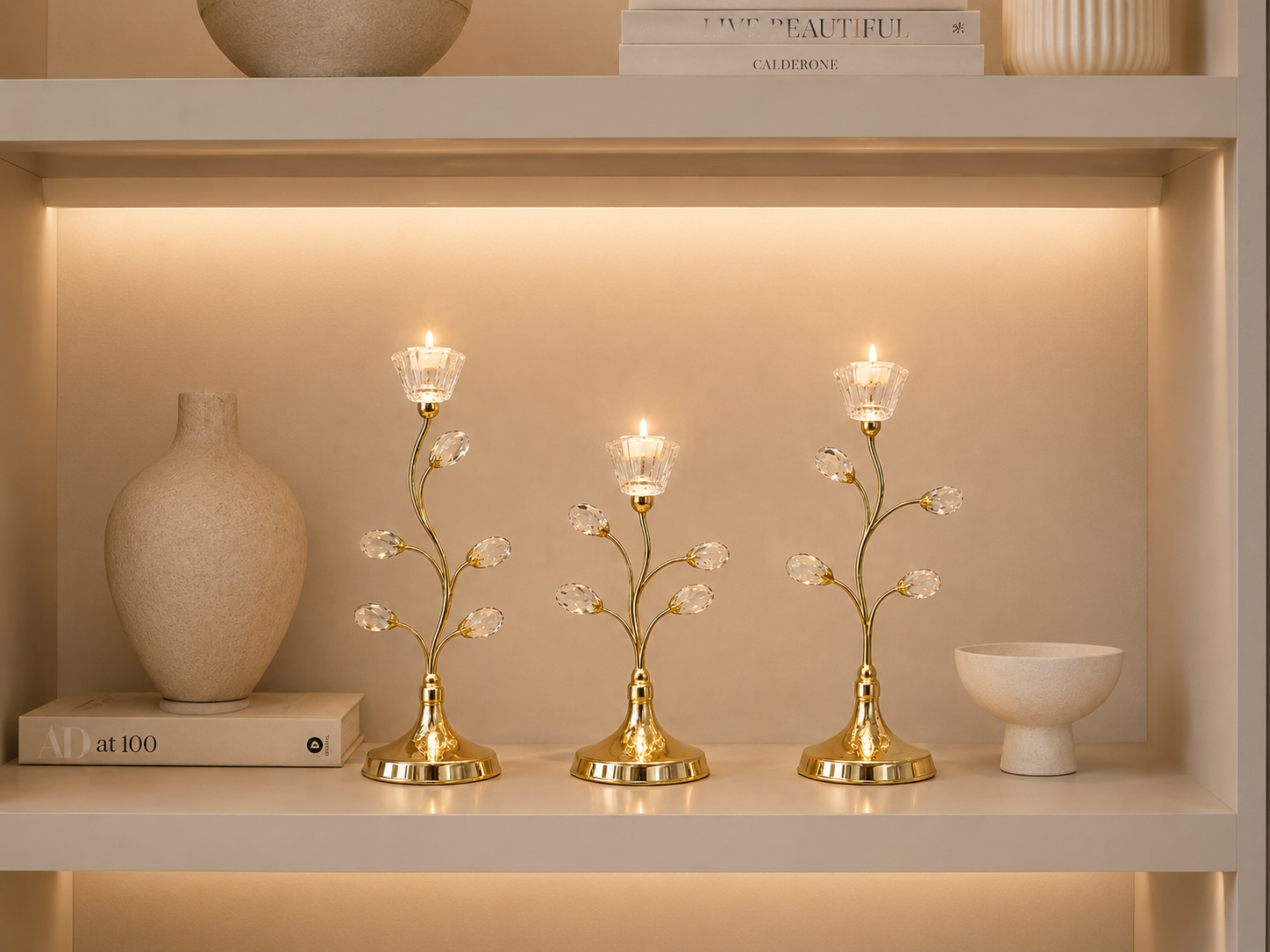 Luxury Gold Crystal Candle Holder Set – Modern Decorative Metal Tealight Candle Stands (Set of 3)