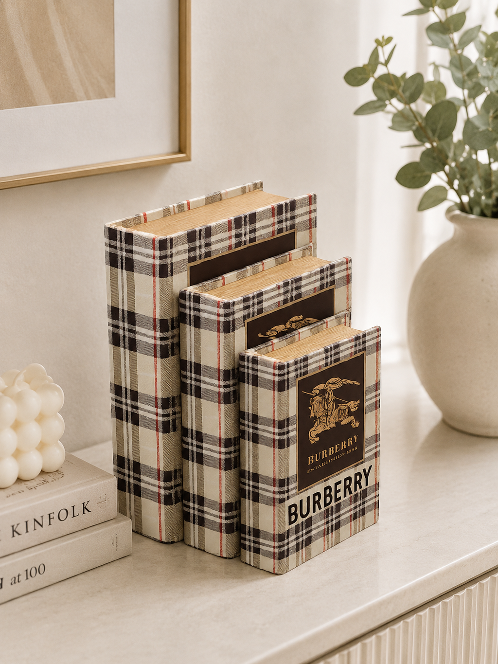 Luxury Decorative Book Box Set (3 Pieces) | Burberry Inspired Storage Books | Modern Shelf & Table Decor