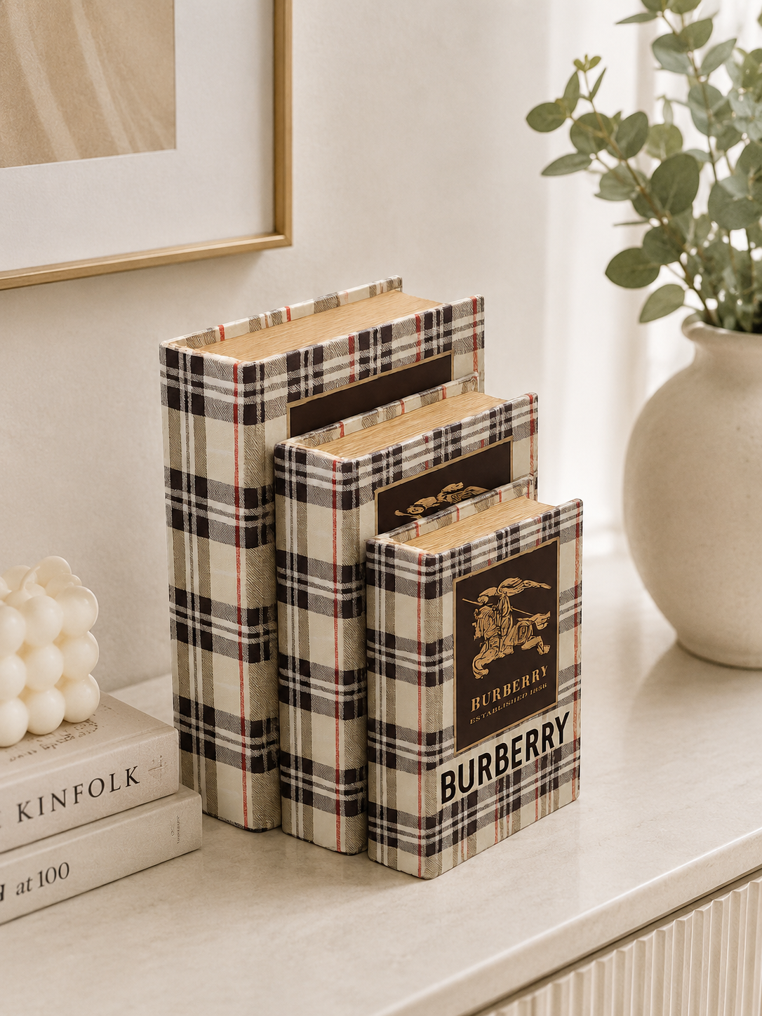 Luxury Decorative Book Box Set (3 Pieces) | Burberry Inspired Storage Books | Modern Shelf & Table Decor