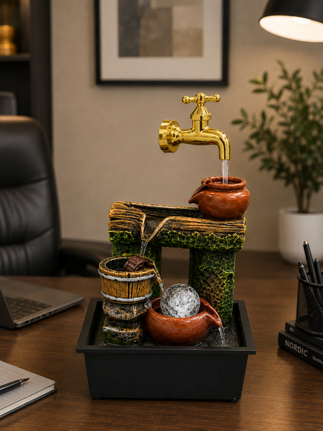 Luxury Rustic Waterfall Tabletop Fountain with Floating Tap Design