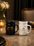 King & Queen Ceramic Couple Coffee Mugs Set – Textured Ceramic Tea Cups with Lids