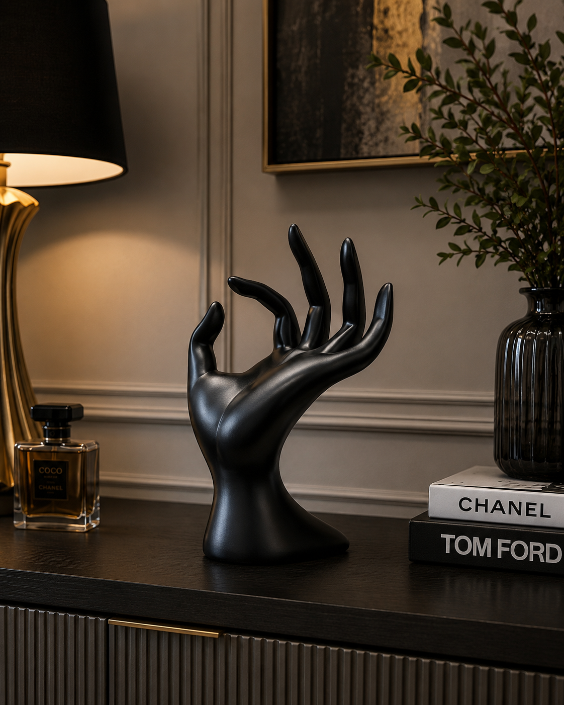 Modern Black Hand Jewelry Holder & Decorative Display Sculpture | Resin Ring Stand for Console, Shelf & Dressing Table