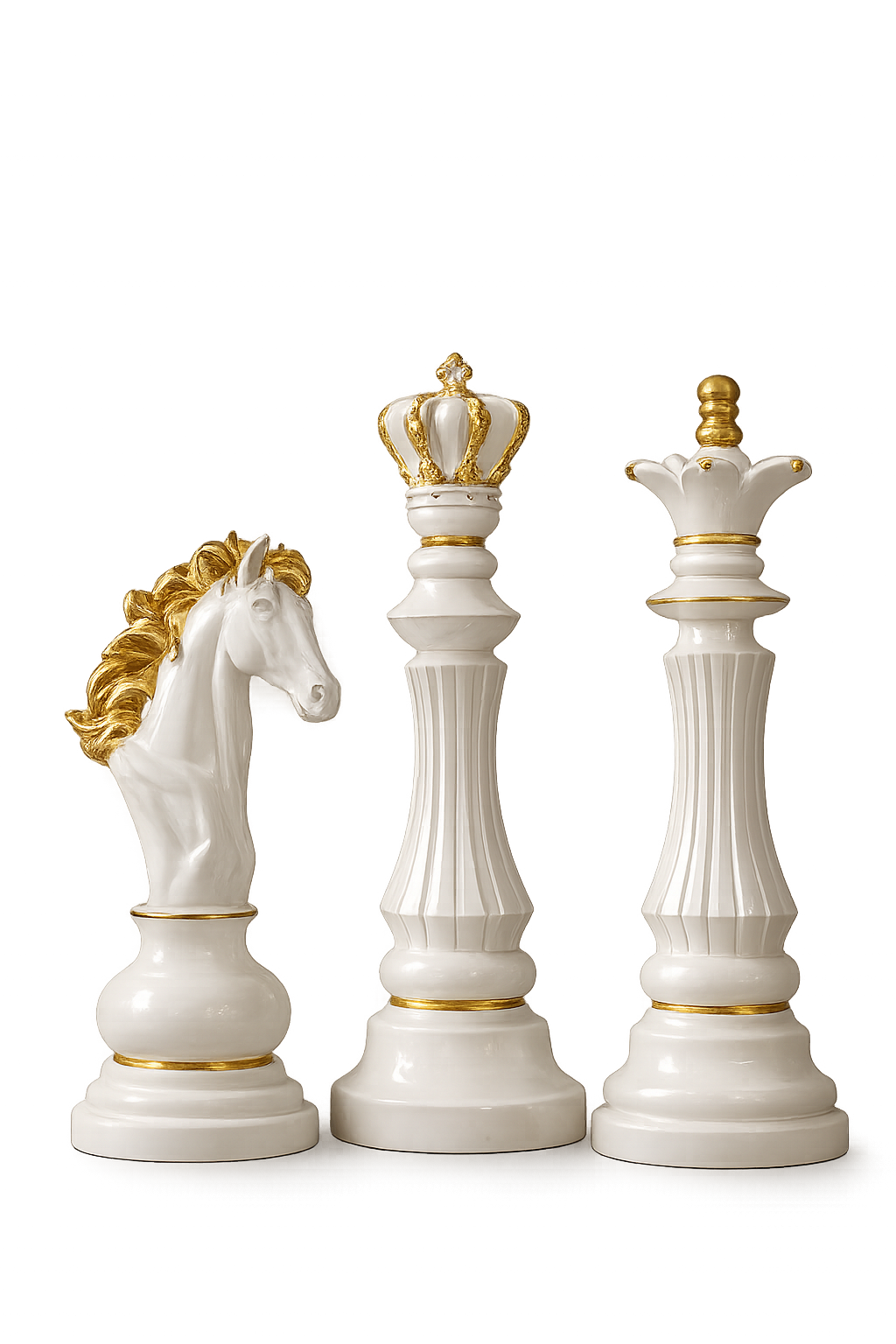Luxury Chess Piece Sculpture Set – White & Gold Resin Decorative Chess Ornaments (King, Queen & Knight)