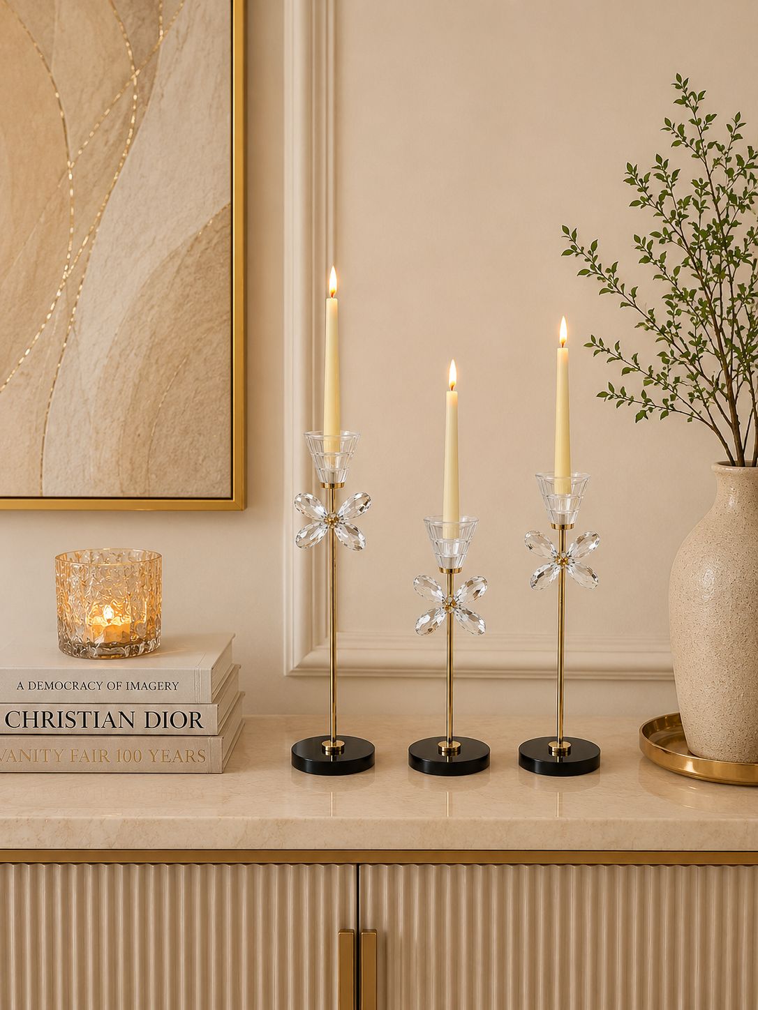 Luxury Crystal Flower Candle Holder Set (3 Pieces) | Gold Decorative Taper Candle Stands