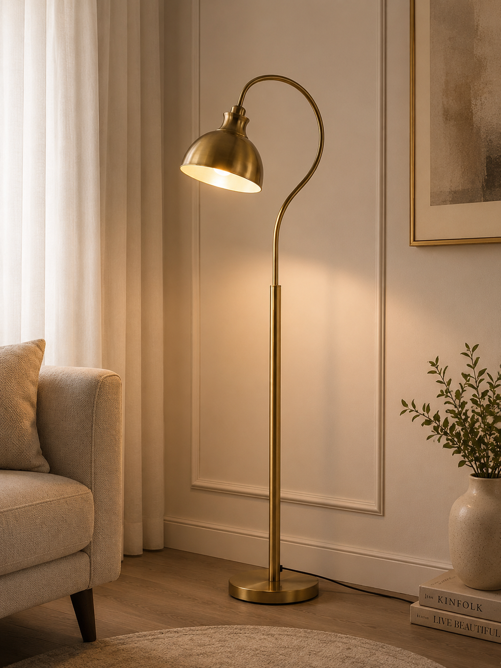 Modern Gold Metal Floor Lamp | Contemporary Standing Reading Lamp | Minimalist Living Room & Bedroom Light