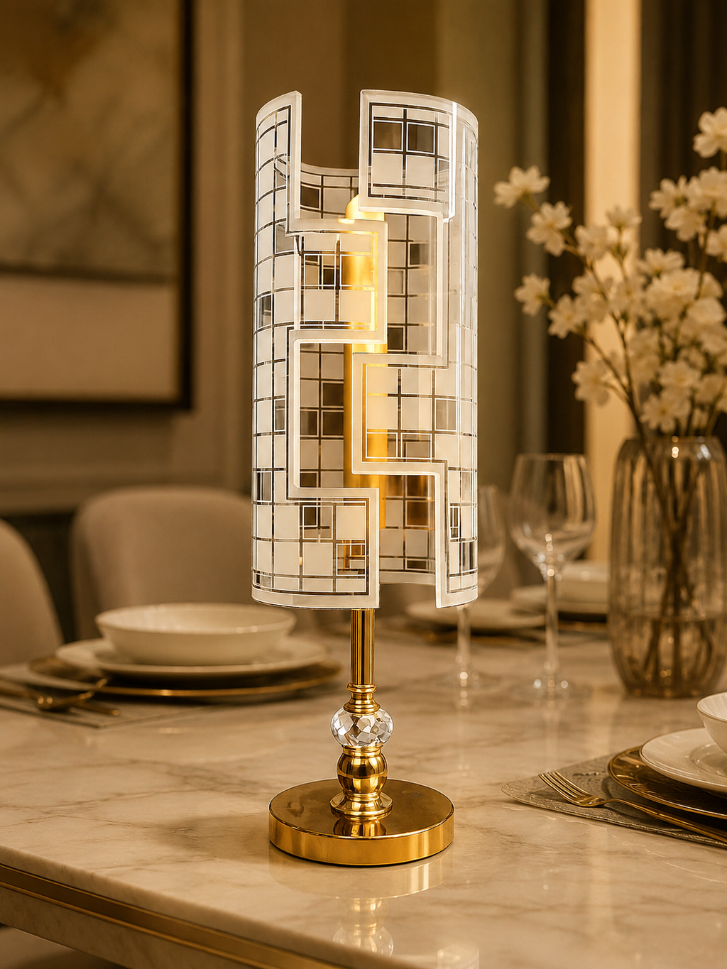 Modern Gold Geometric Grid Cylinder Table Lamp