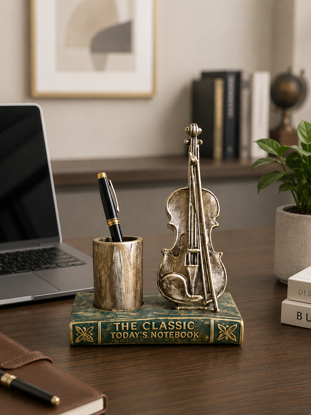Vintage Violin Pen Holder Bookend Decor – Resin Desk Organizer