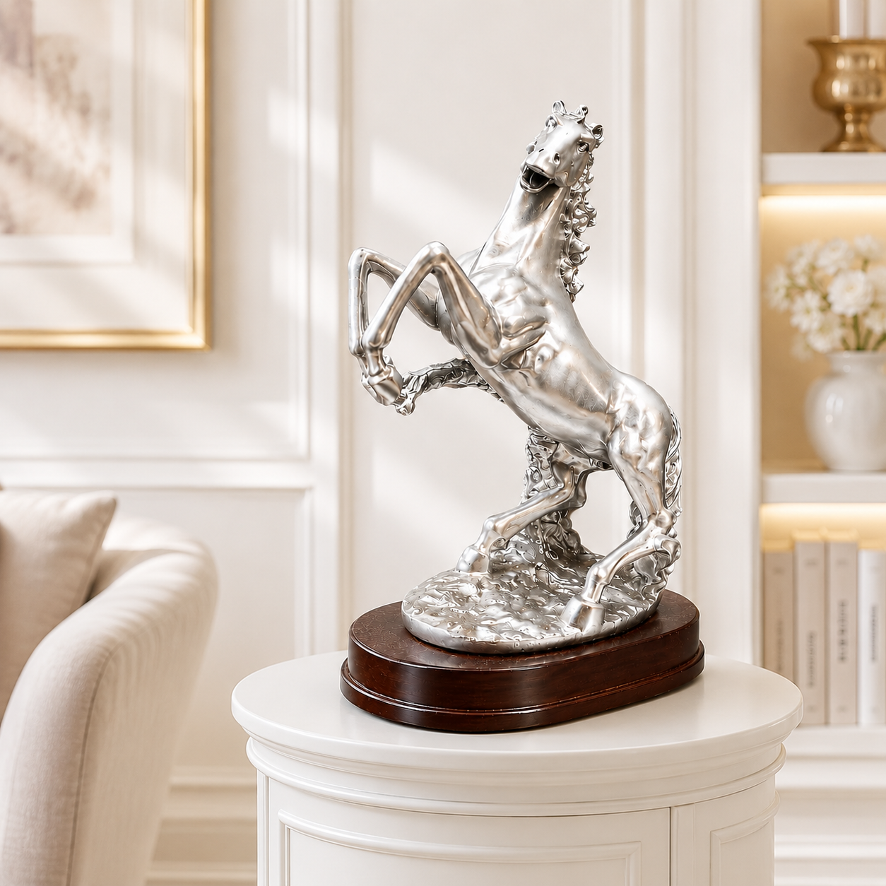 Fiber Horse Majestic Silver Horse Sculpture – 9-Inch High-End Resin Handicraft Statement Piece for Home & Luxury Office Decor