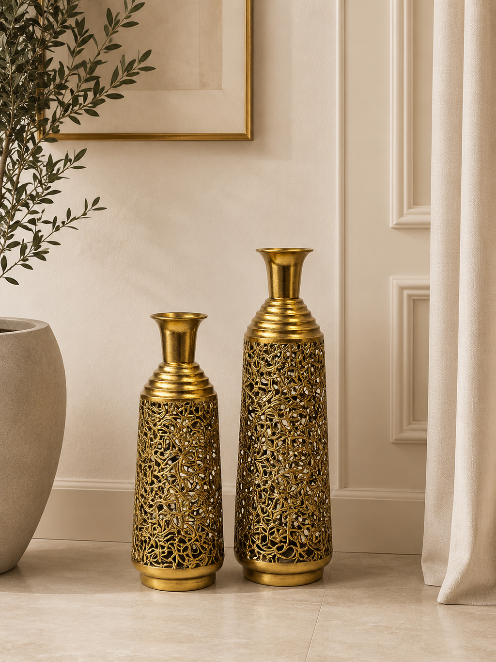 Luxury Gold Decorative Floor Vase Set (2 Pieces) | Modern Metal Flower Vases | Home Décor