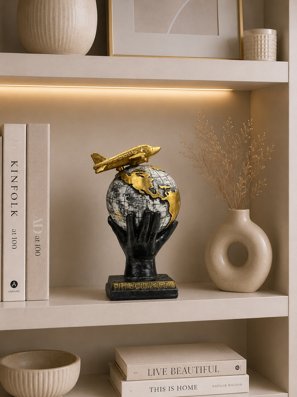World Globe with Airplane Decorative Statue – Modern Travel-Themed Resin Tabletop Showpiece