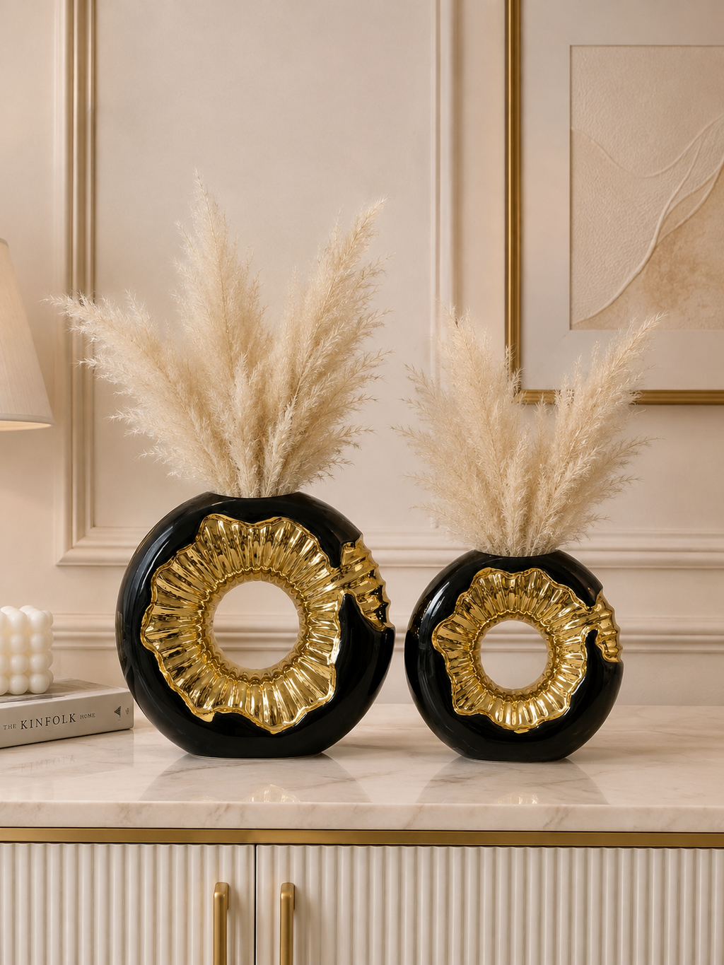 Luxury Black & Gold Round Decorative Vase Set – 2 Pieces