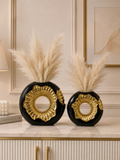Luxury Black & Gold Round Decorative Vase Set – 2 Pieces