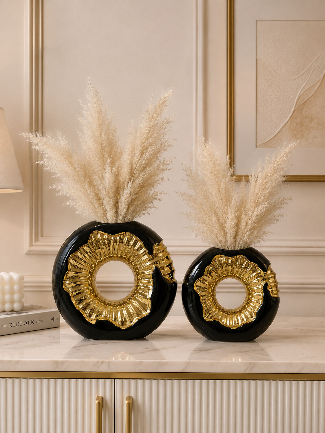 Luxury Black & Gold Round Decorative Vase Set – 2 Pieces