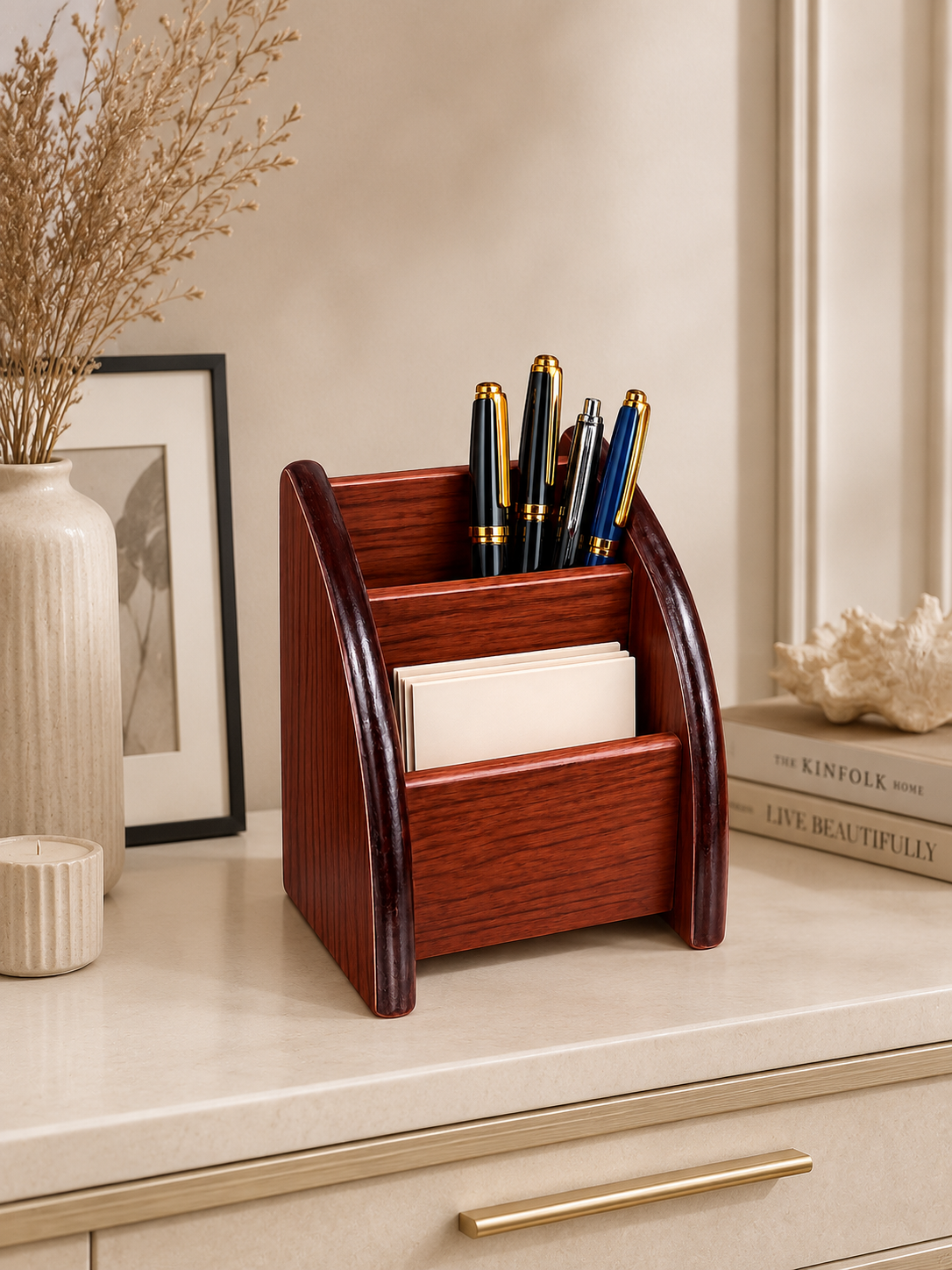 Premium Wooden Desk Organizer with Pen Holder & Memo Card Storage – Office Desktop Stationery Organizer