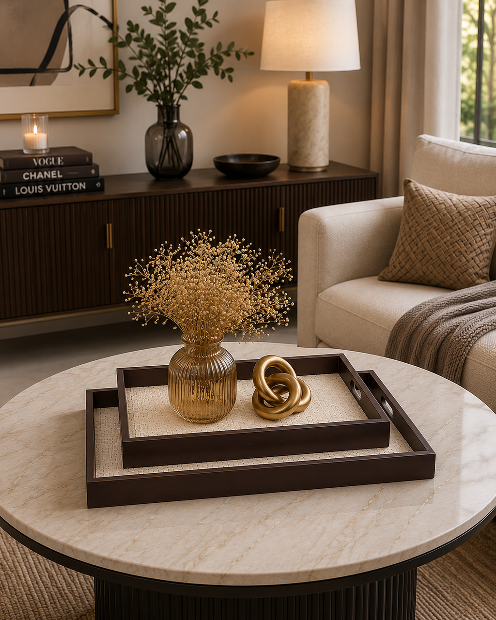 Luxury Wooden Serving Tray Set | Decorative Nesting Coffee Table Trays | Ottoman & Vanity Organizer (Set of 2)