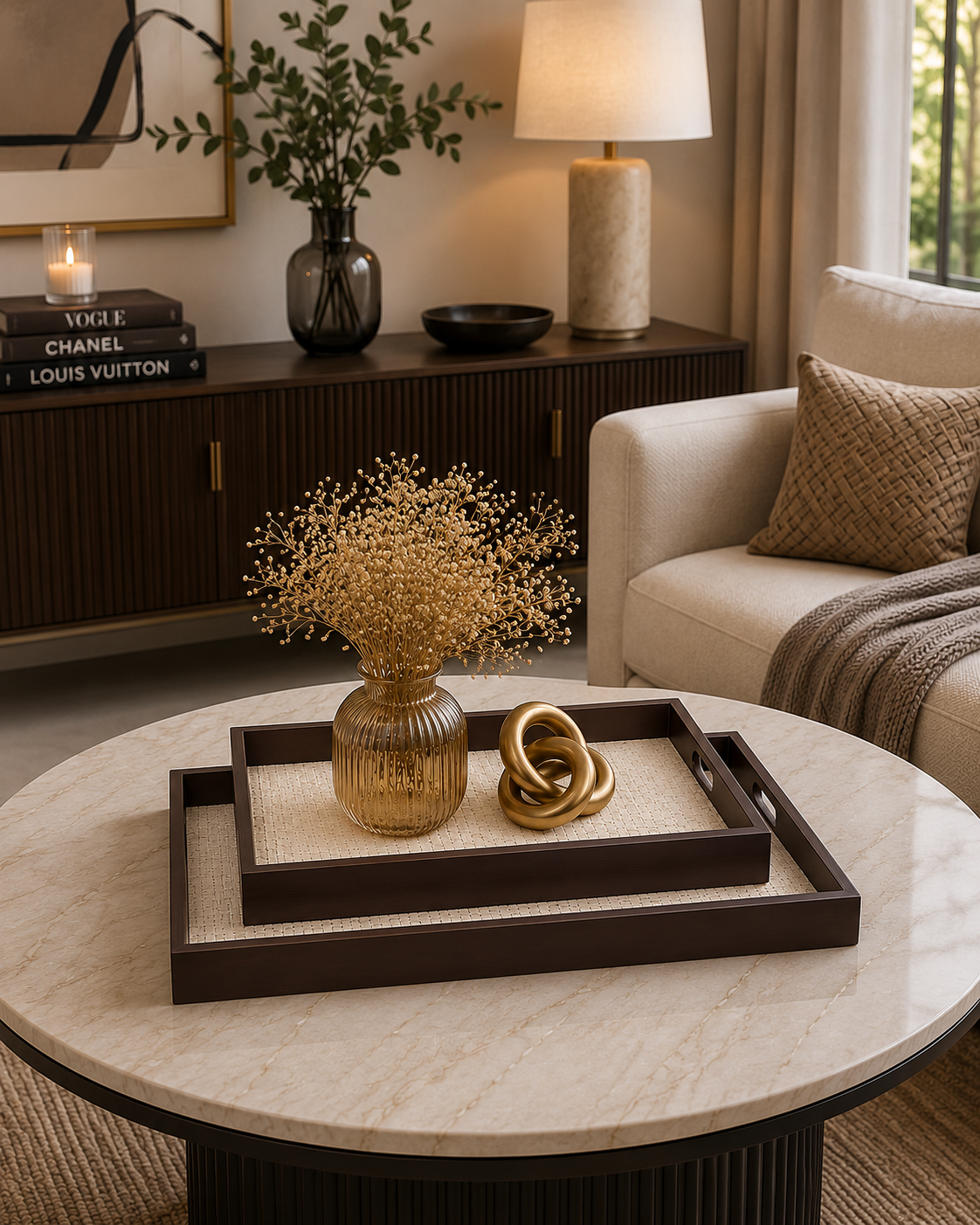 Luxury Wooden Serving Tray Set | Decorative Nesting Coffee Table Trays | Ottoman & Vanity Organizer (Set of 2)