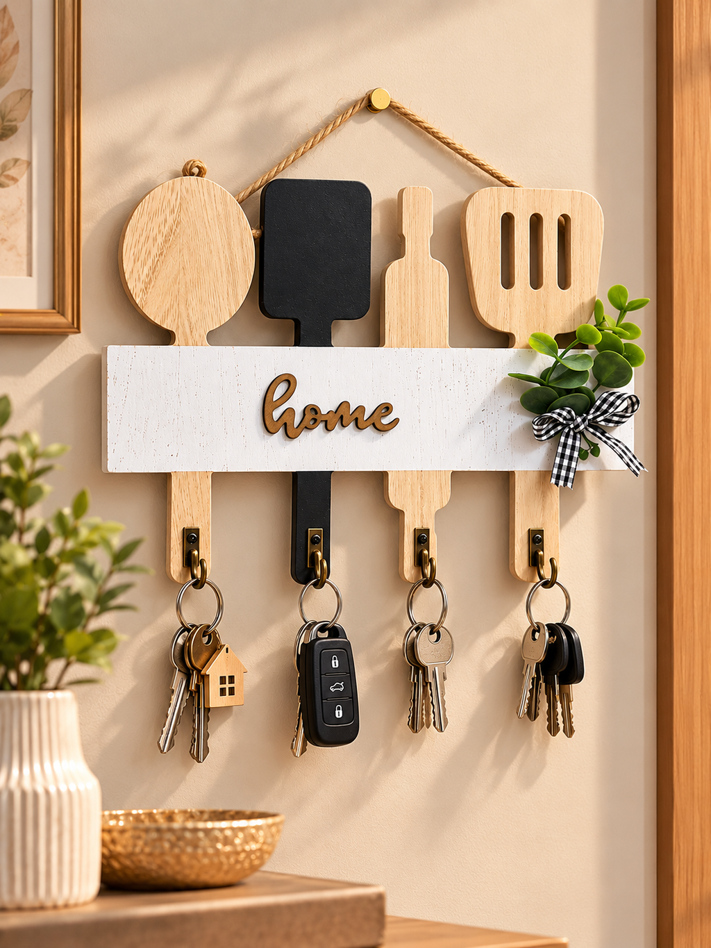 Home Wooden Key Holder Wall Decor – Rustic Kitchen Utensil Key Organizer with 4 Hooks