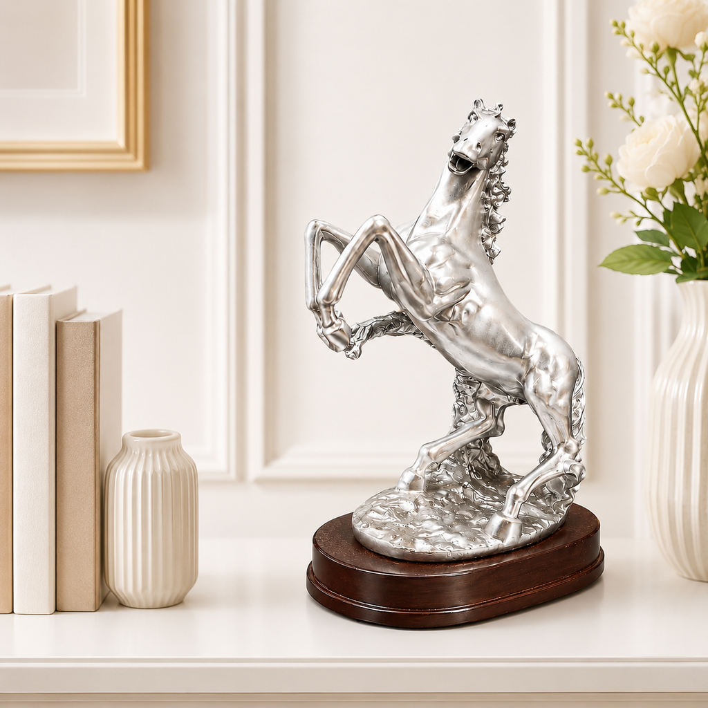 Fiber Horse Majestic Silver Horse Sculpture – 9-Inch High-End Resin Handicraft Statement Piece for Home & Luxury Office Decor