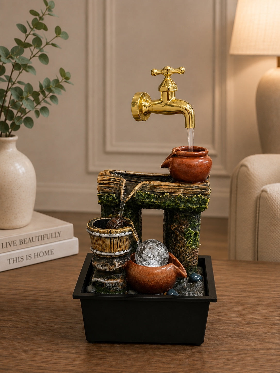 Luxury Rustic Waterfall Tabletop Fountain with Floating Tap Design