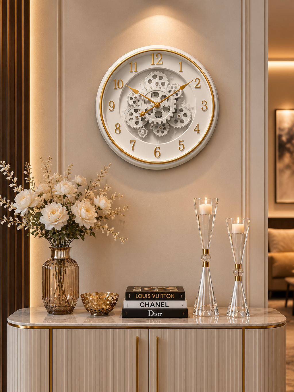 Luxury White & Gold Moving Gear Wall Clock – Modern Silent Decorative Wall Clock