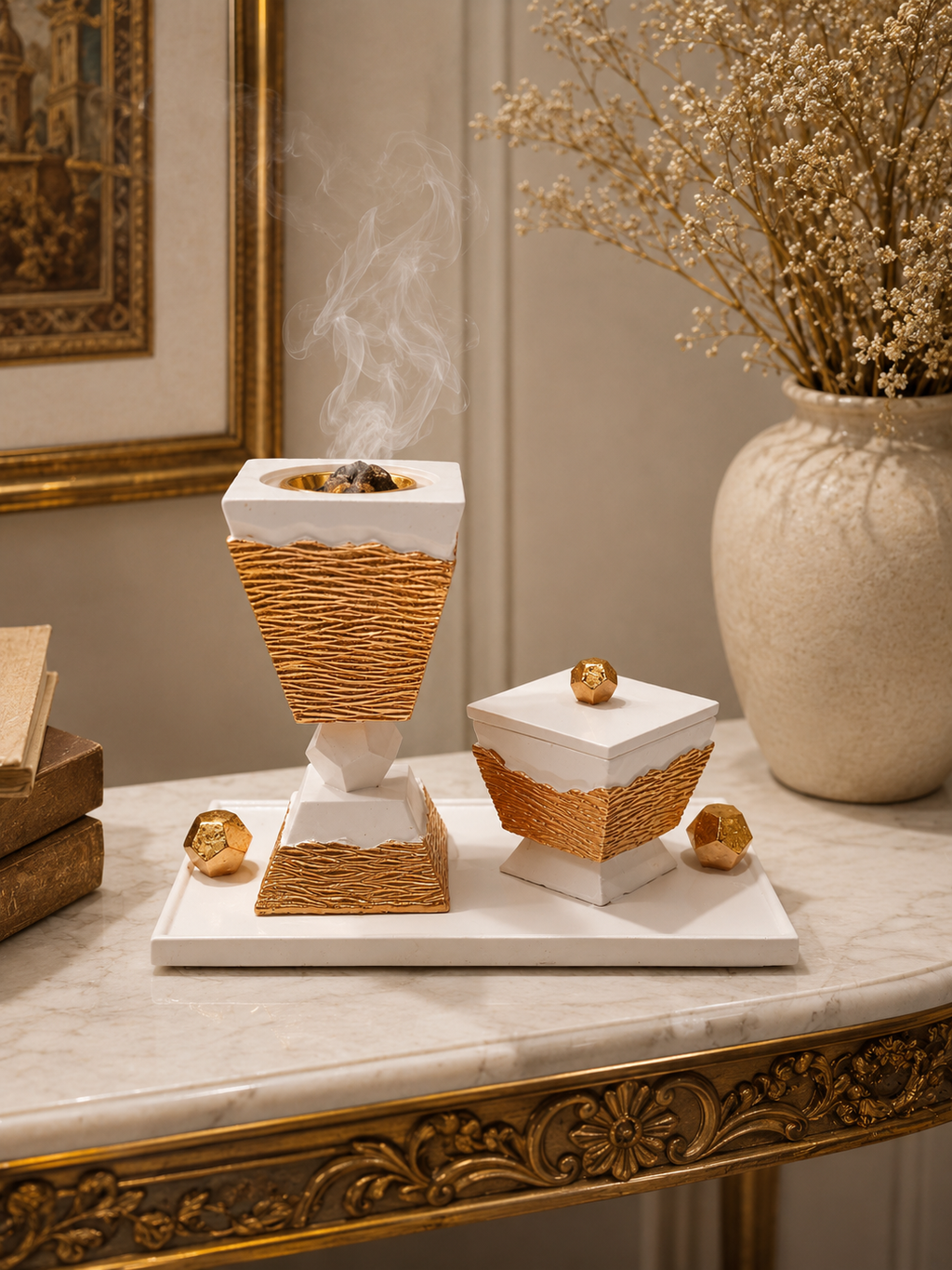 Luxury White & Gold Bukhoor Burner Set with Decorative Tray
