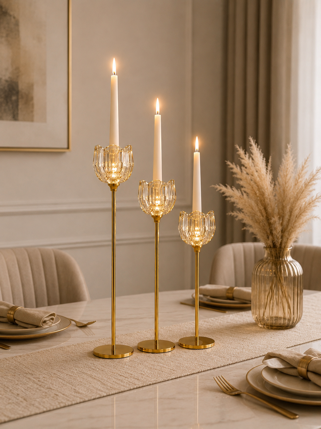 Luxury Crystal Tulip Candle Holder Set of 3 – Gold Metal & Crystal Glass Taper Candle Stand