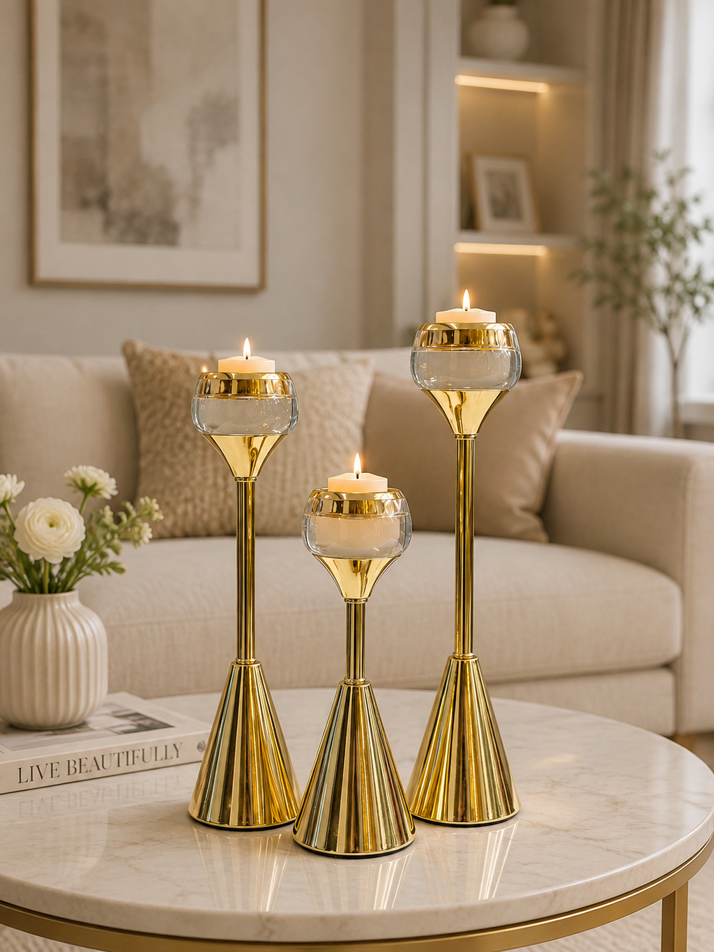 Luxury 3-Piece Gold Crystal Glass Candle Holder Set | Modern Metal Tealight Stands | Elegant Table Centerpiece