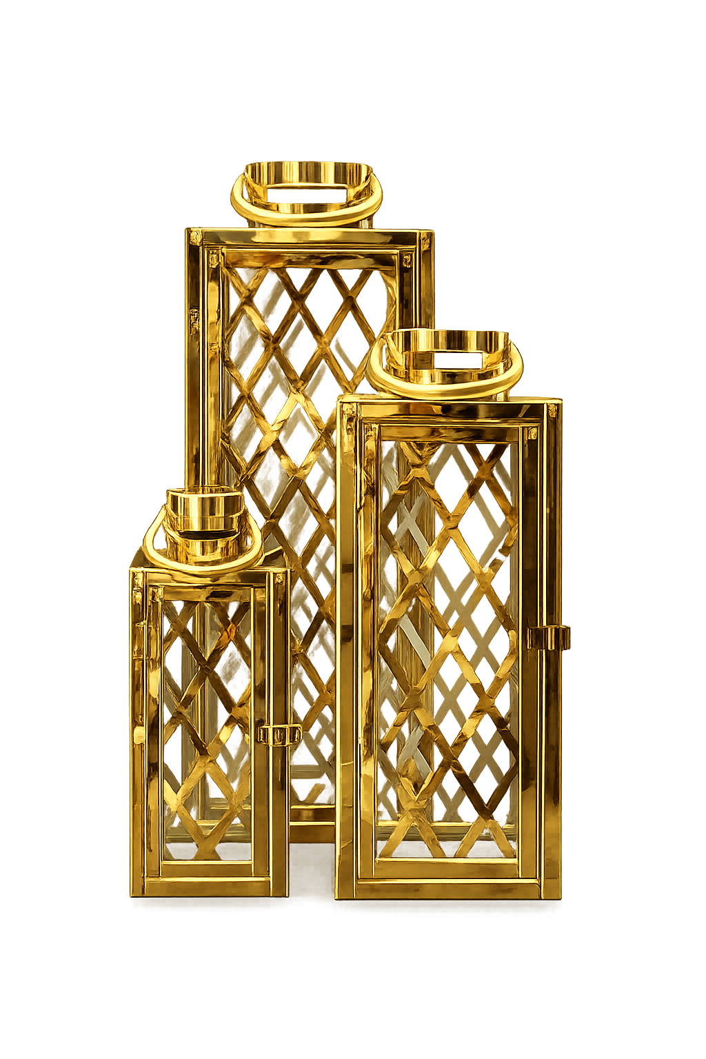 Luxury Gold Metal & Glass Lantern Set | Decorative Candle Holders | Modern Home Décor (Set of 3)
