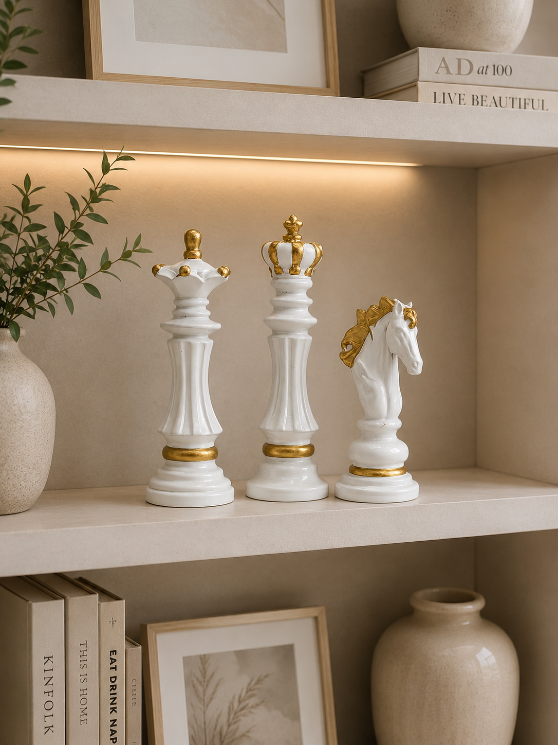 Luxury Chess Piece Figurine Set of 3 – White & Gold Resin King, Queen & Knight Decorative Sculptures