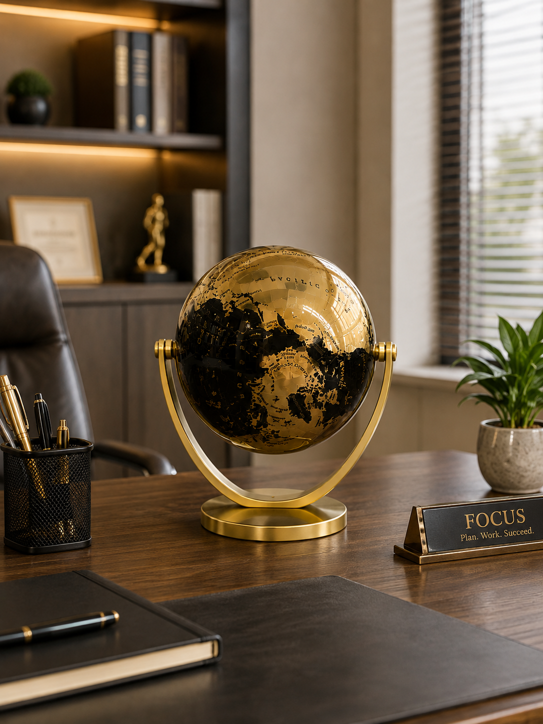 Luxury Black & Gold 360° Rotating World Globe – Decorative Tabletop Globe