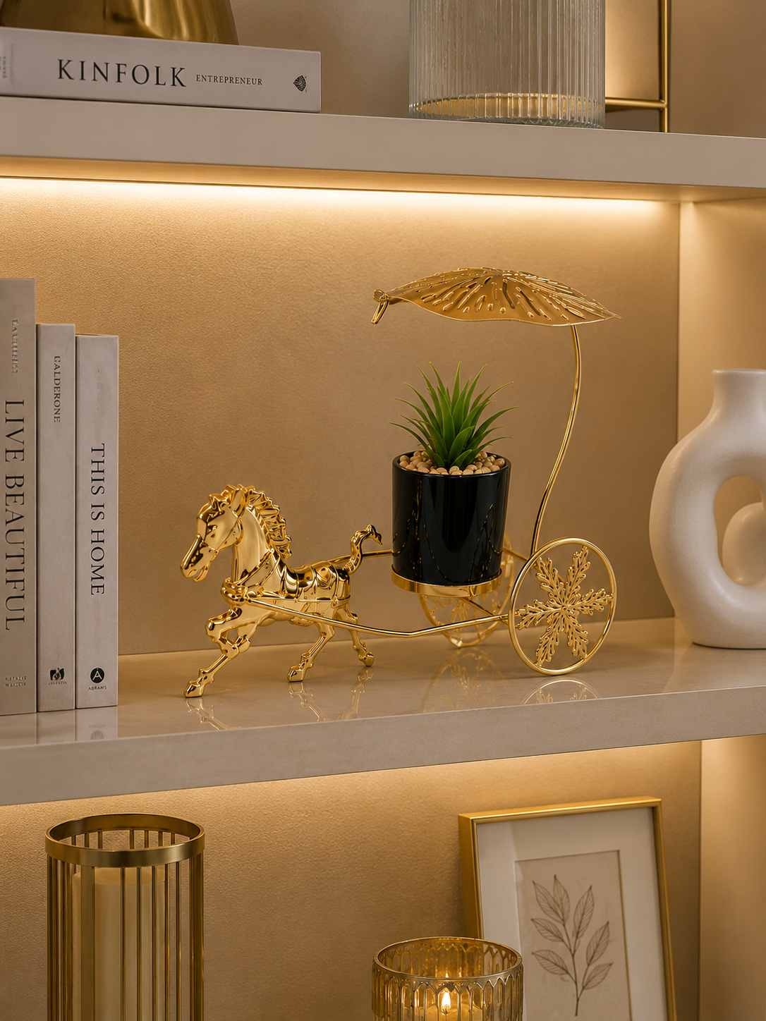 Luxury Gold Horse Carriage Metal Planter with Decorative Canopy