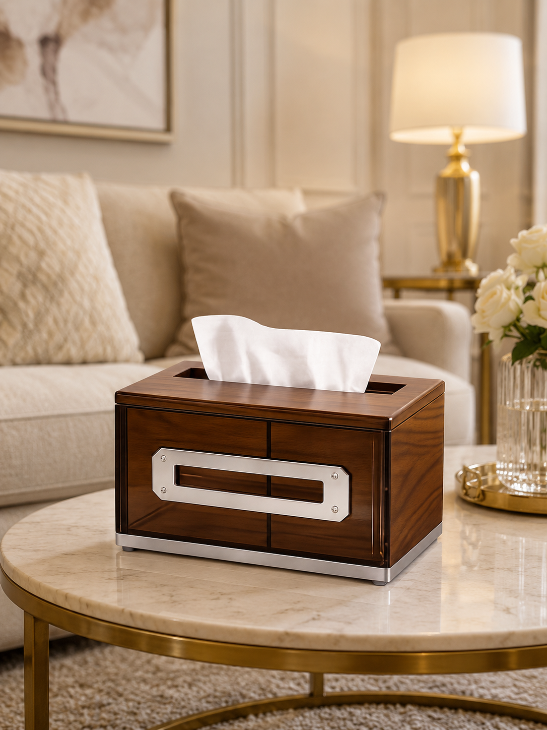 Luxury Wooden Tissue Box Holder with Silver Metal Accent | Decorative Tissue Paper Storage Box for Living Room, Office & Dining Table