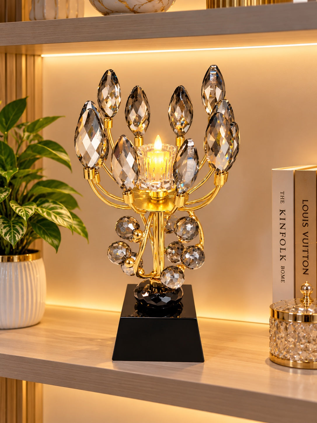 Luxury Gold Crystal Floral Candle Holder – Elegant Leaf Design with Black Base