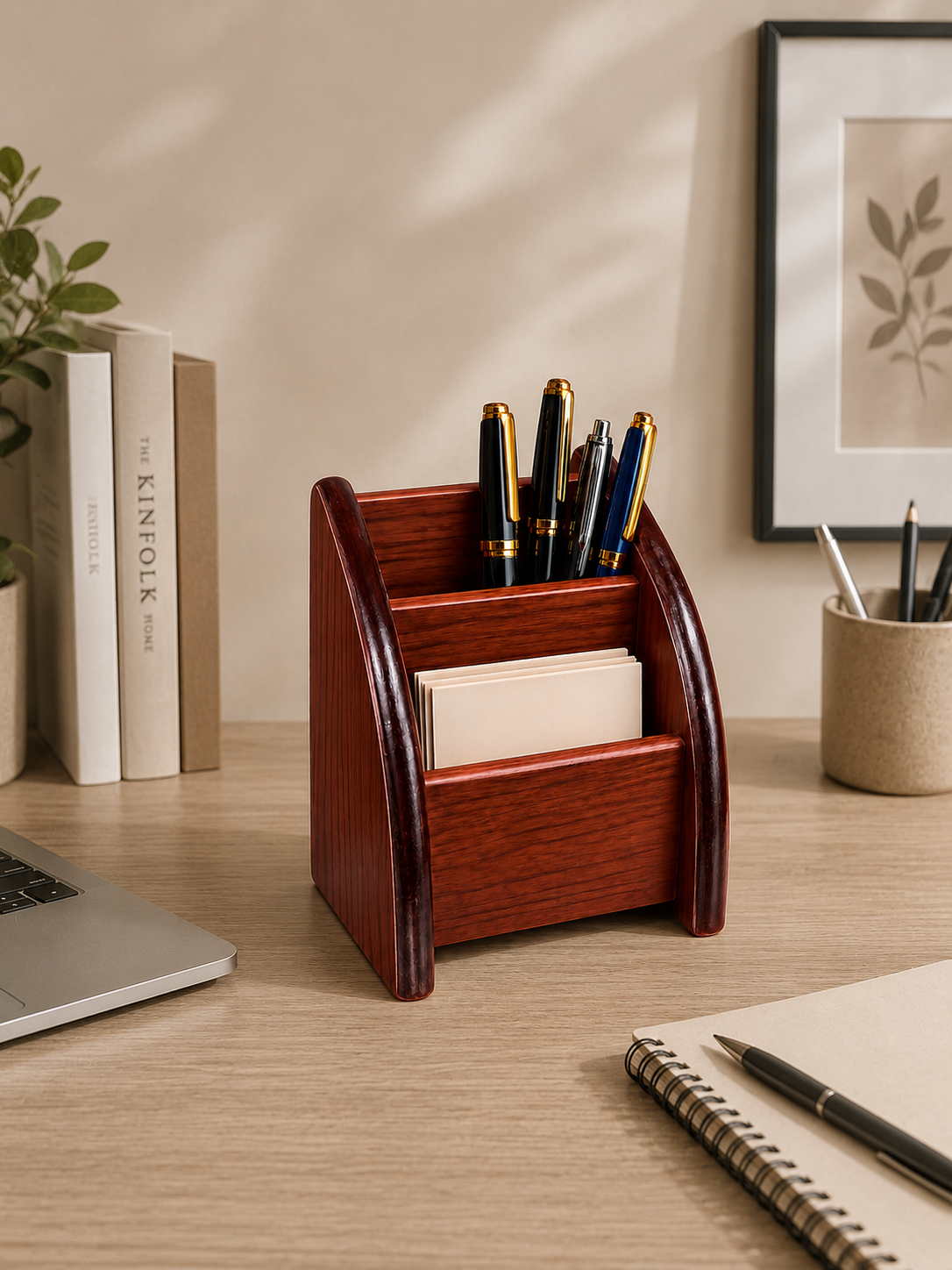 Premium Wooden Desk Organizer with Pen Holder & Memo Card Storage – Office Desktop Stationery Organizer