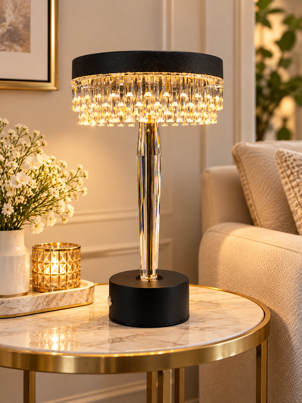 Luxury Crystal LED Table Lamp – Black & Gold Modern Bedside Lamp