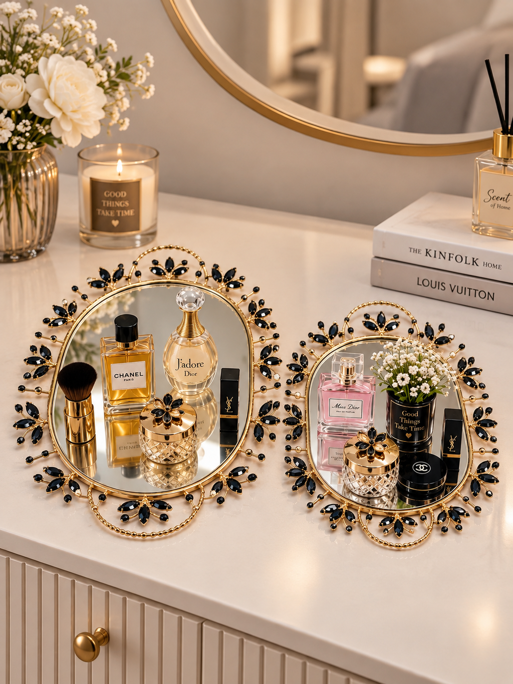Luxury Gold & Black Leaf Design Decorative Mirror Set – Elegant Vanity Mirrors