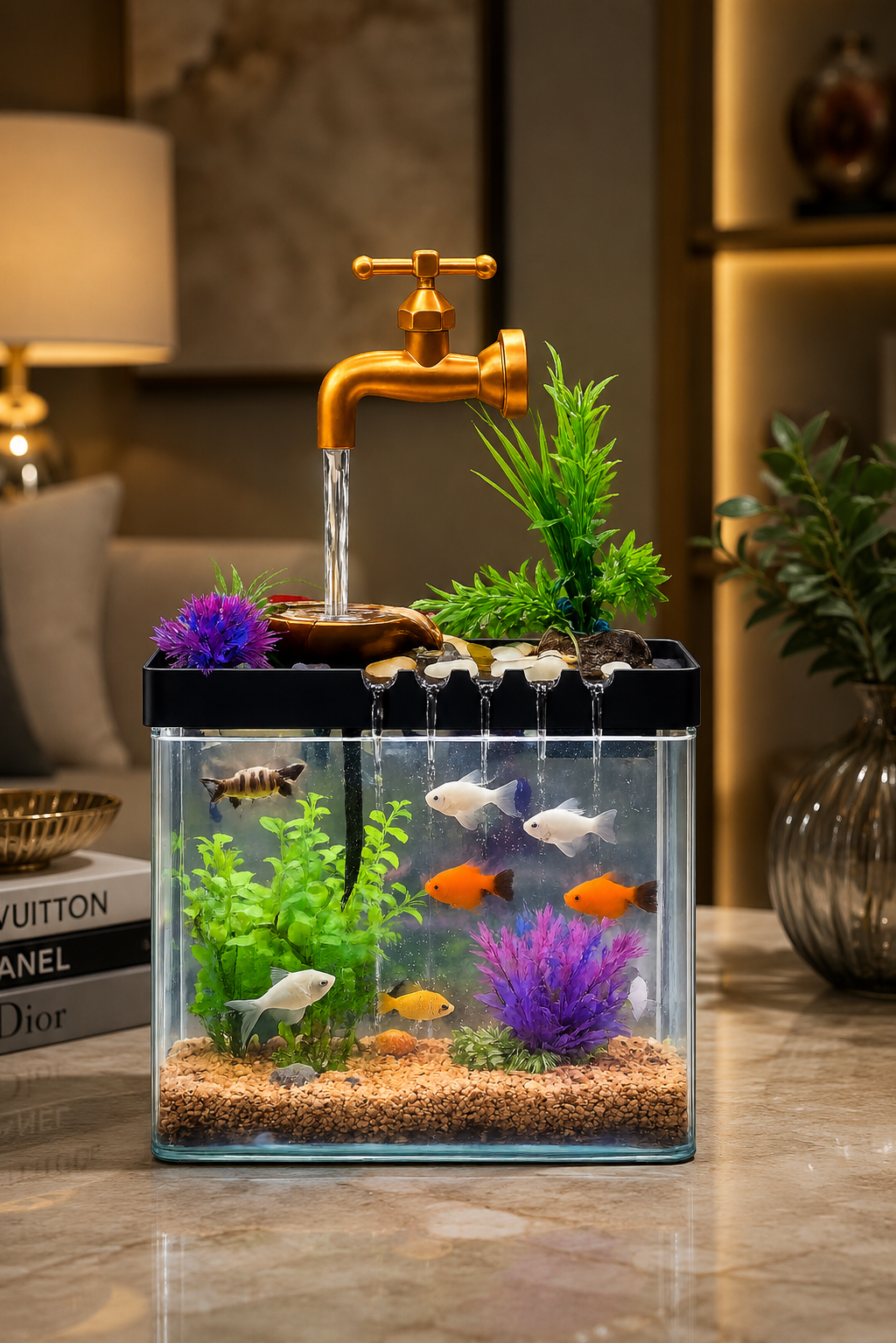 Mini Tabletop Aquarium Fountain with Running Water | Decorative Fish Tank | Desktop Water Feature | Home & Office Décor