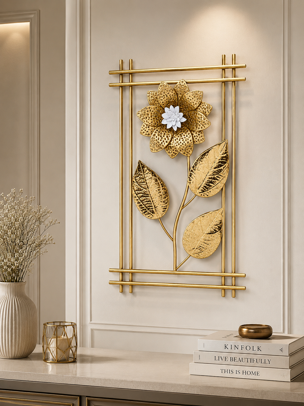 Gold Metal Floral Wall Art | Modern Flower & Leaf Wall Decor for Living Room, Bedroom & Hallway