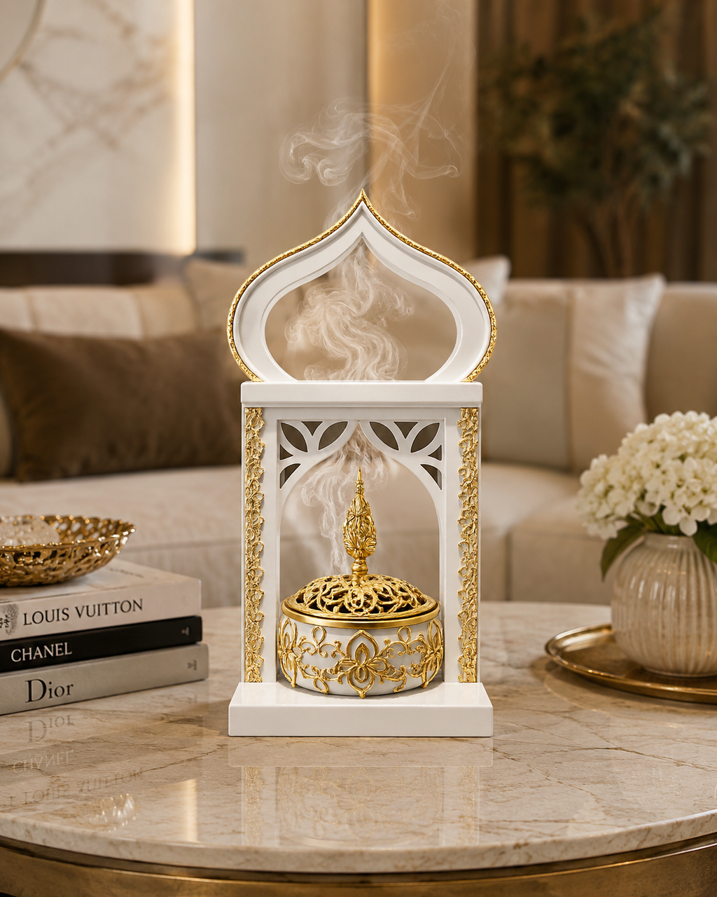 Luxury Islamic Incense Burner with Decorative Arch Frame | White & Gold Bakhoor Burner