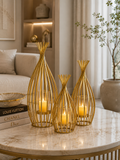 Luxury 3-Piece Gold Metal Lantern Candle Holder Set | Modern Decorative Table Lanterns for Living Room, Dining Table & Home Décor