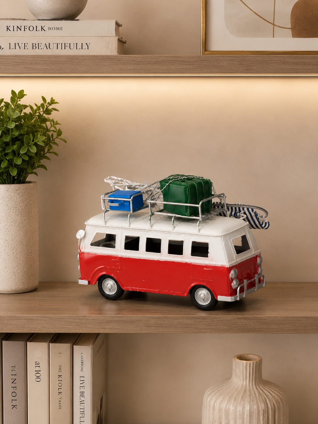 Vintage Red & White Camper Van Decorative Showpiece – Retro Travel Model