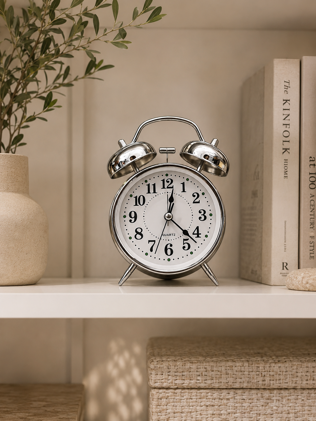 Vintage Silver Twin Bell Alarm Clock – Classic Analog Quartz Table Clock for Bedroom, Office & Home Décor