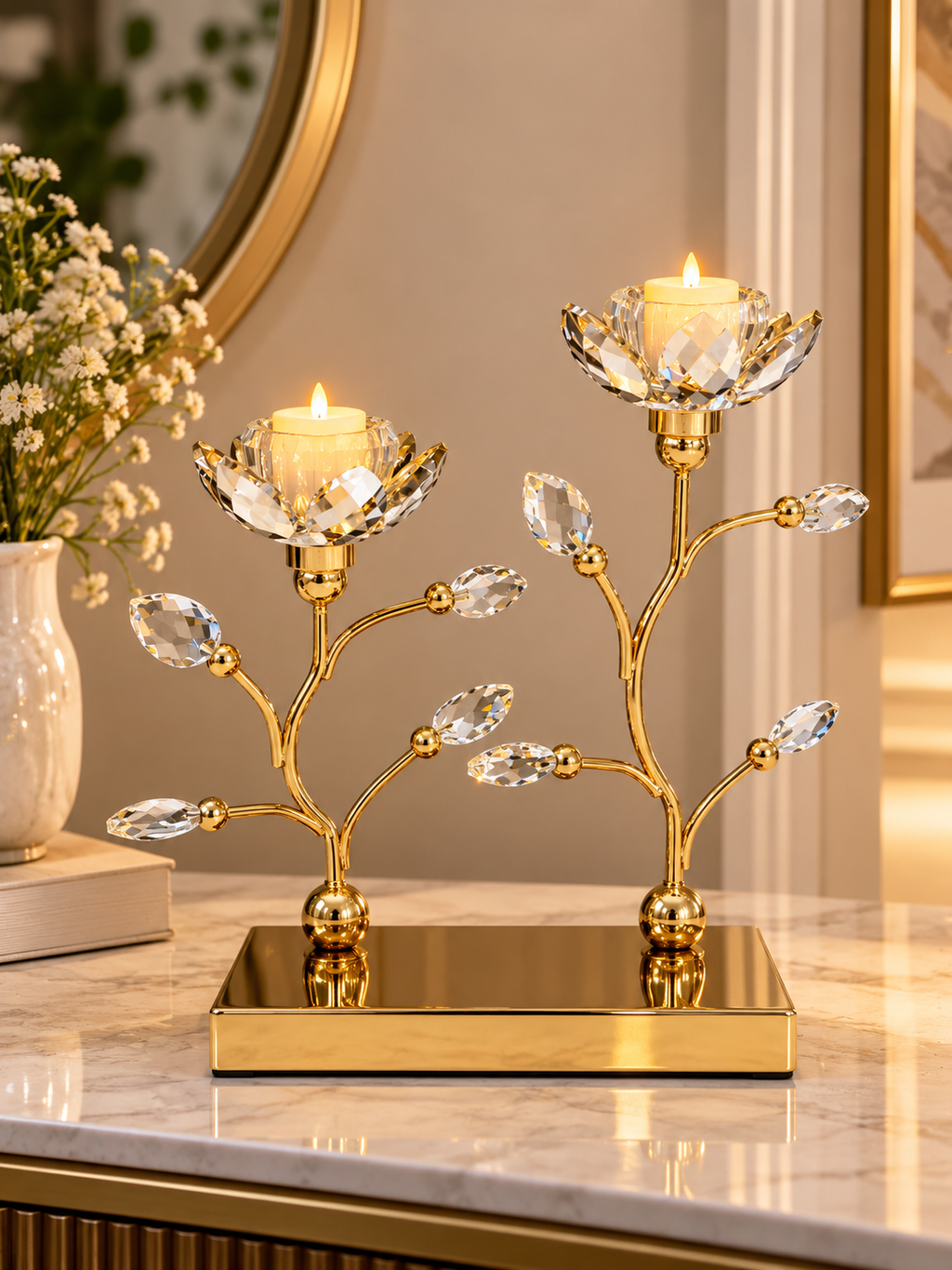 Luxury Crystal Lotus Flower Candle Holder Set – Gold Decorative Table Centerpiece