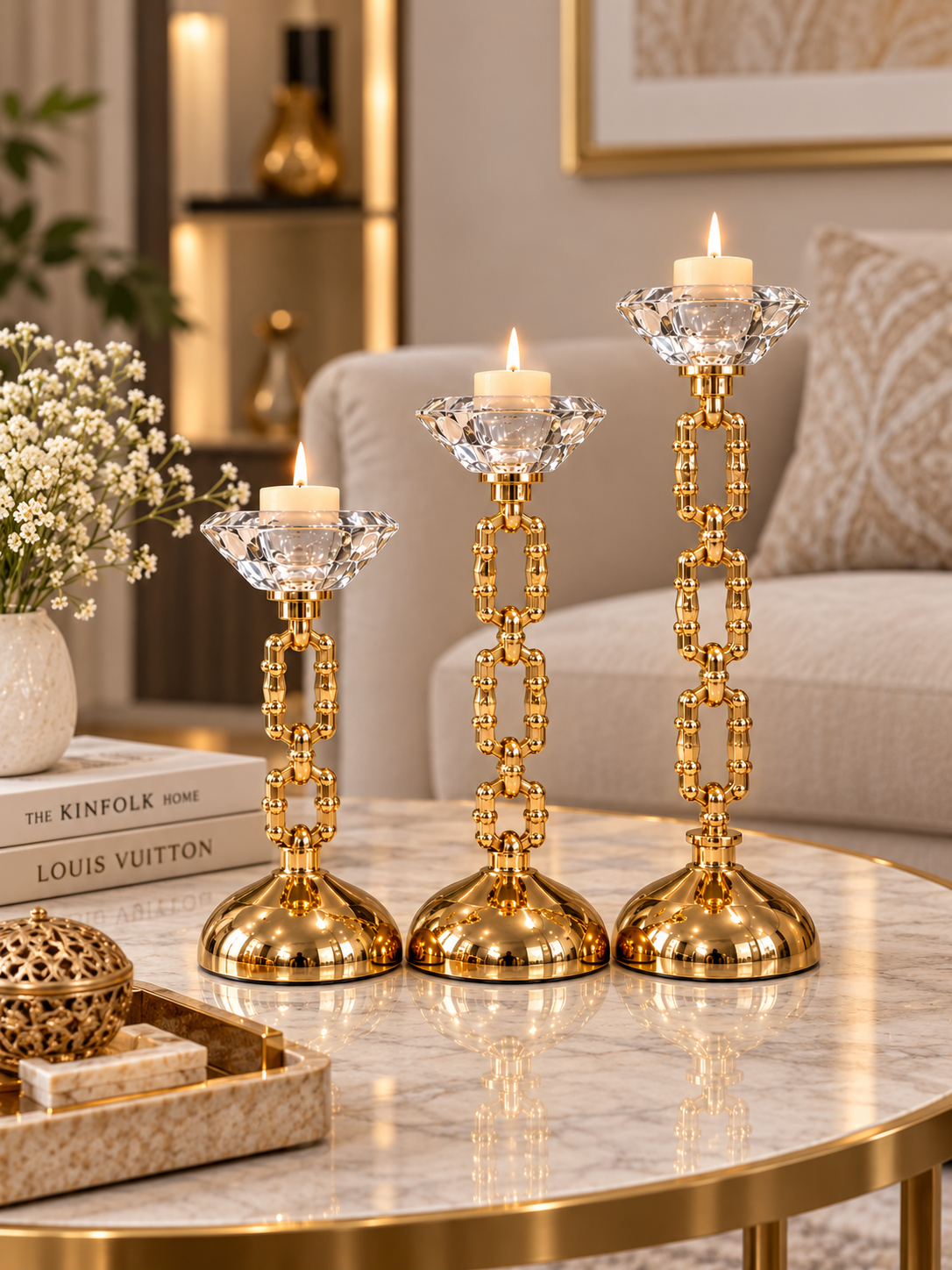 Luxury Gold Crystal 3-Piece Candle Stand Set – Elegant Decorative Candle Holders