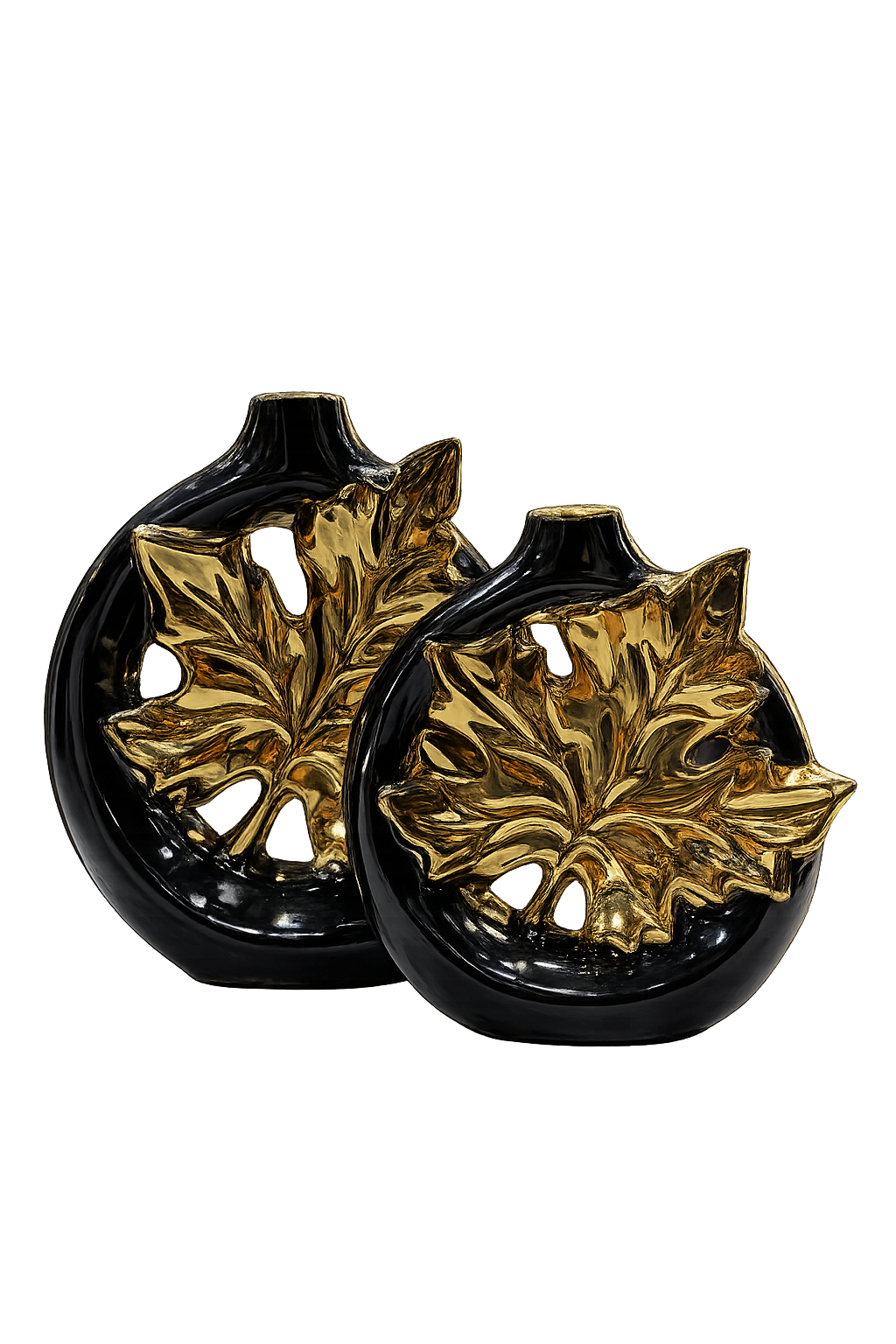Modern Black & Gold Leaf Decorative Vase Set | Luxury Resin Flower Vase Set of 2 for Home Décor