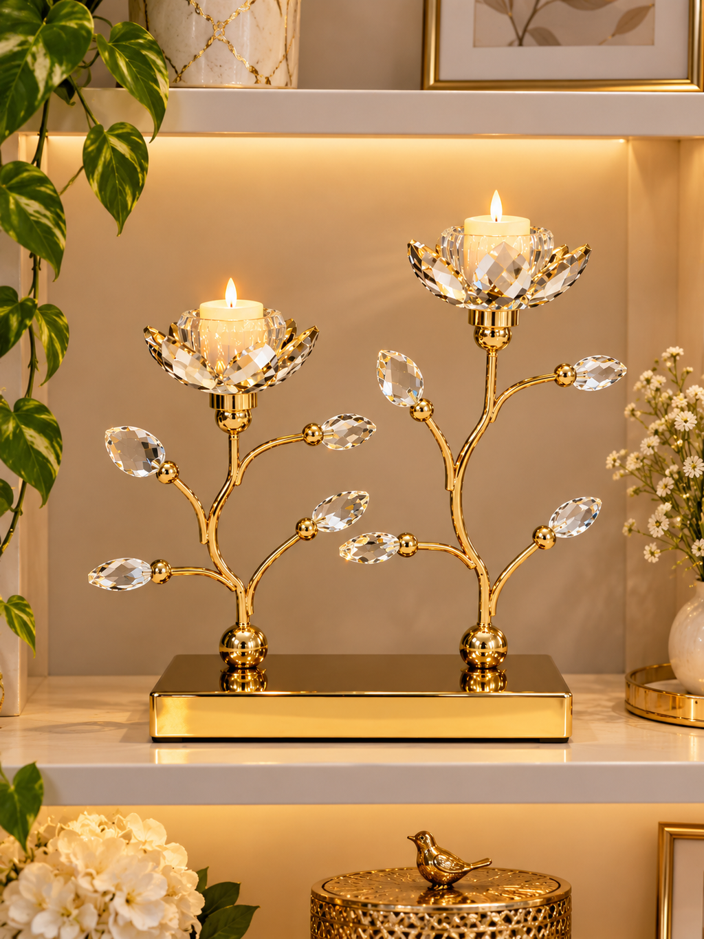 Luxury Crystal Lotus Flower Candle Holder Set – Gold Decorative Table Centerpiece
